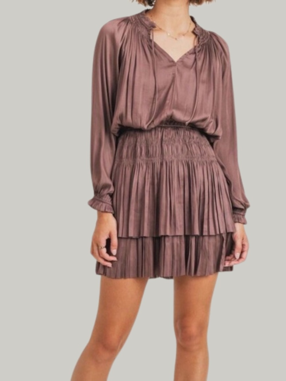 EUC Reset by Jane Mauve Pleated Smocked Boho Mini Dress